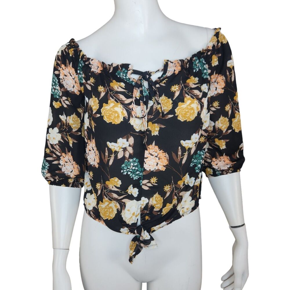 Rue 21 Women's Large Blouse Off-The Shoulder Keyhole Neckline 3/4 Sleeves Floral